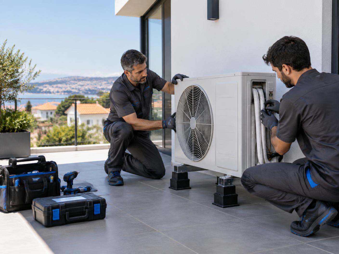 Técnicos a instalar uma unidade exterior de climatização